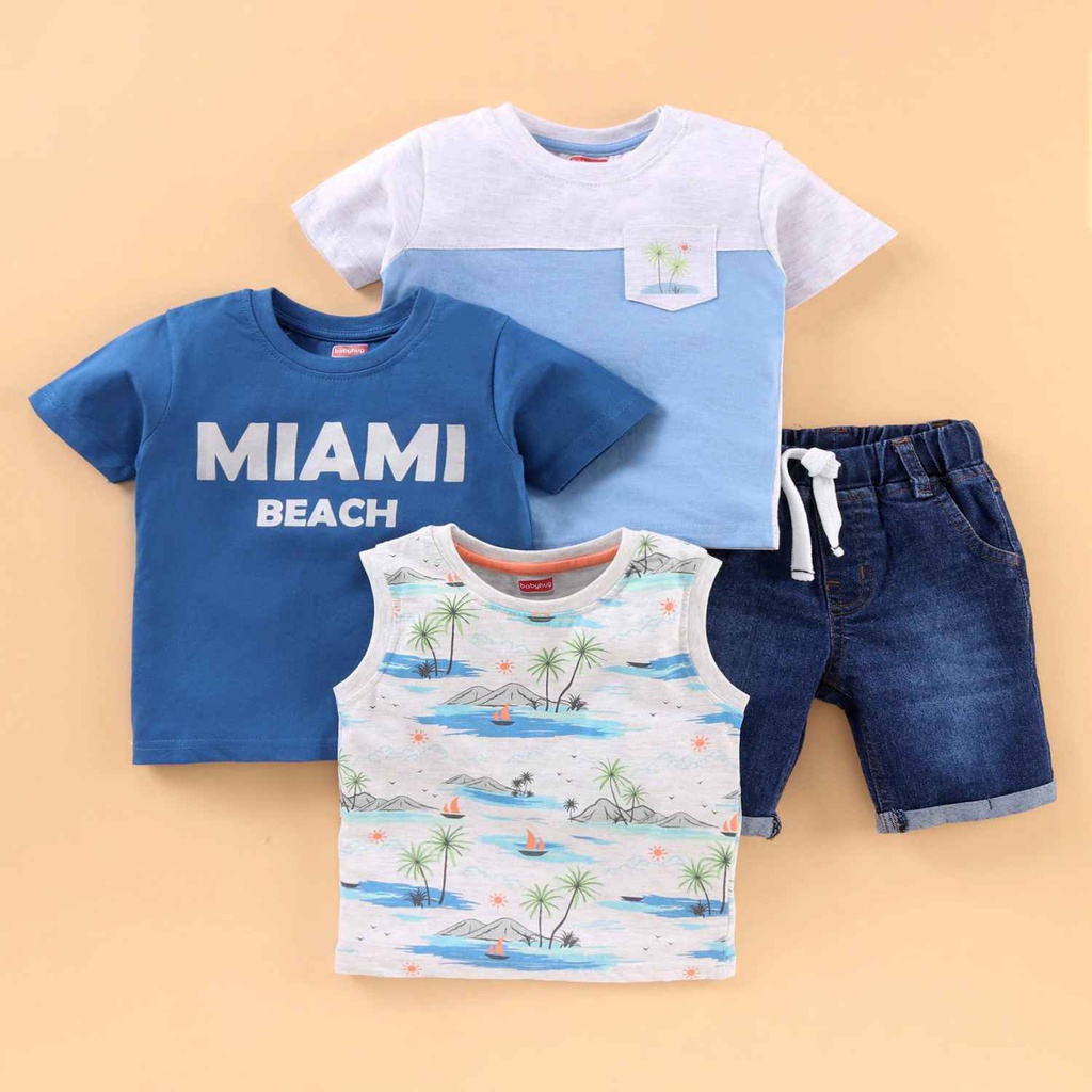 Babyhug Half Sleeves T-Shirt Leafy Print - Blue main image 1