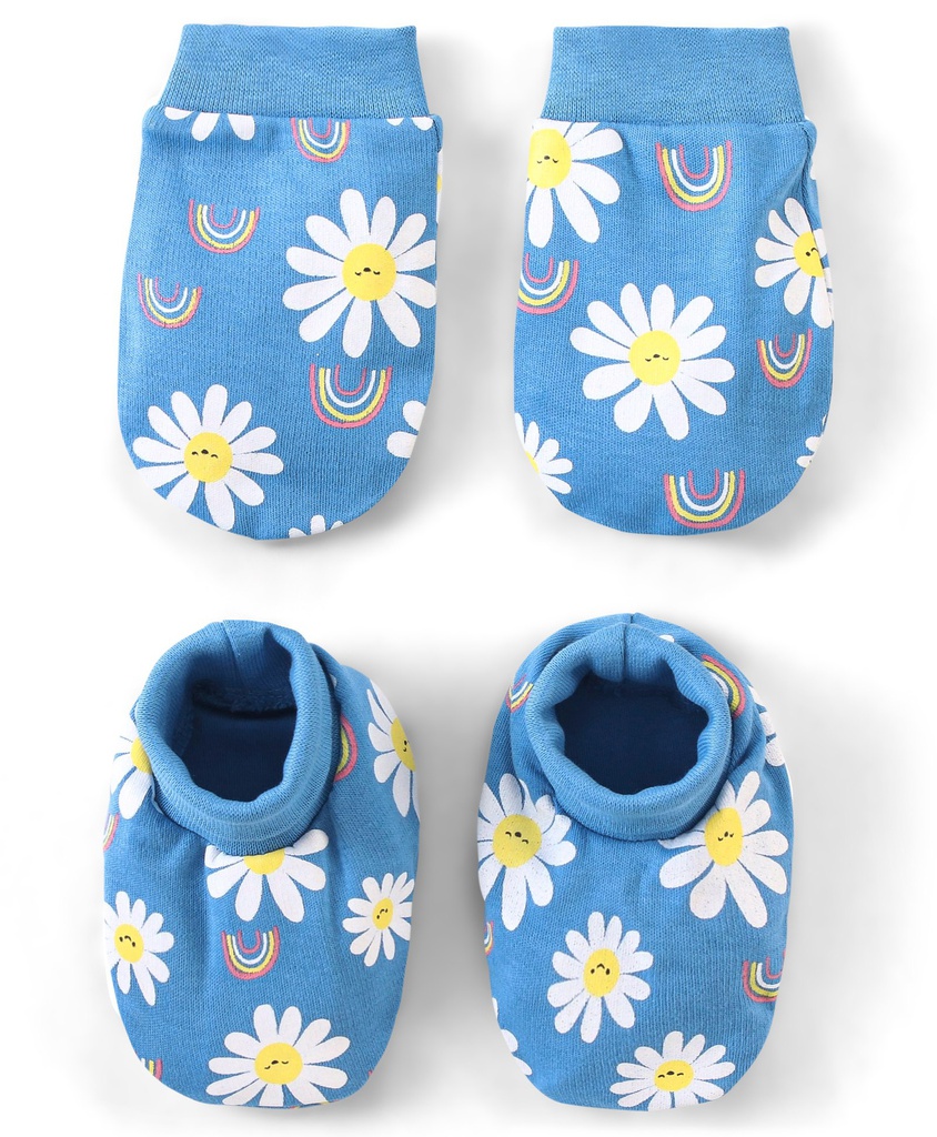 Babyhug 100% Cotton Interlock Knit Cap Mittens And Booties Floral Print - Purple