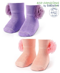 BABYOYE SOCK FLORAL APPLIQUE PACK OF 2-PURPLE&PEACH (6-12 MONTHS)