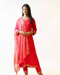RANG PINK V-NECK KURTA WITH DUPATTA - PINK (XXL)