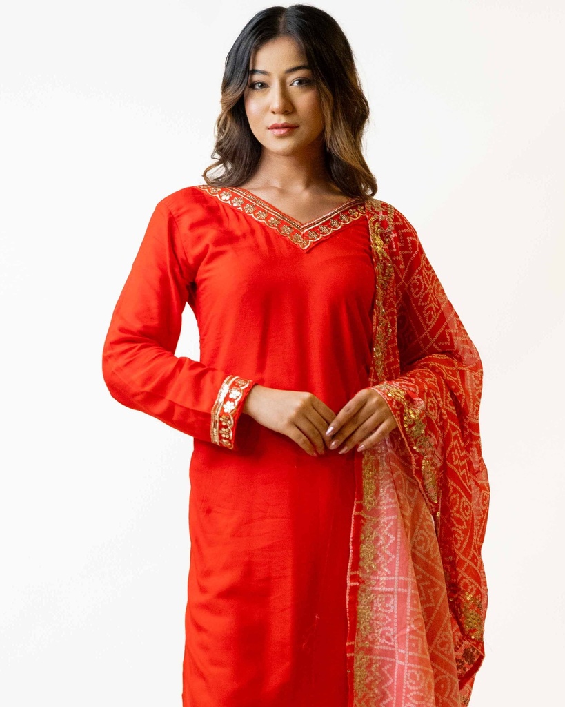 Rang Red V-neck Kurta With Dupatta - Red (m) | Jeevee