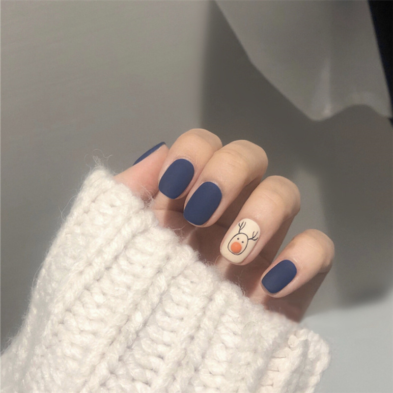 24pcs Dark Blue Elk Press On Nails With Glue & File Pd10 | Jeevee