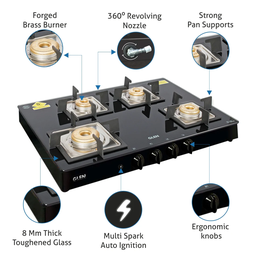 GLEN 4 BURNER GLASS GAS STOVE (1048 SQ GT AI FB BLK)