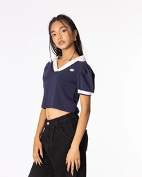 WASABI V COLLAR LANTERN SLEEVE TOP - NAVY BLUE