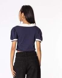 WASABI V COLLAR LANTERN SLEEVE TOP - NAVY BLUE