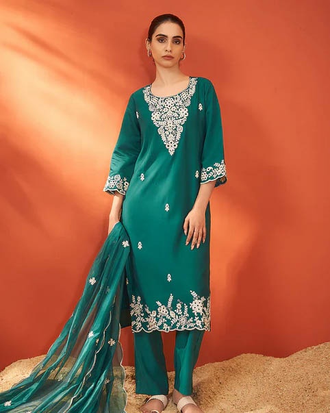 Aadhya Green Silk Blend Schiffli Embroidered Suit Set (s) | Jeevee