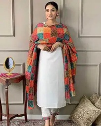 RANG WHITE SCHIFFLI KURTA SET WITH BANDHANI DUPATTA - WHITE (S)