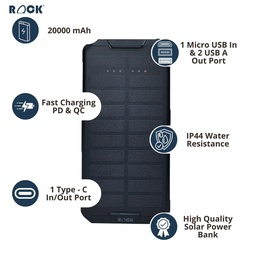 ROCK 20000MAH POWERBANK SOLAR  FAST CHARGING  TORCH LIGHT